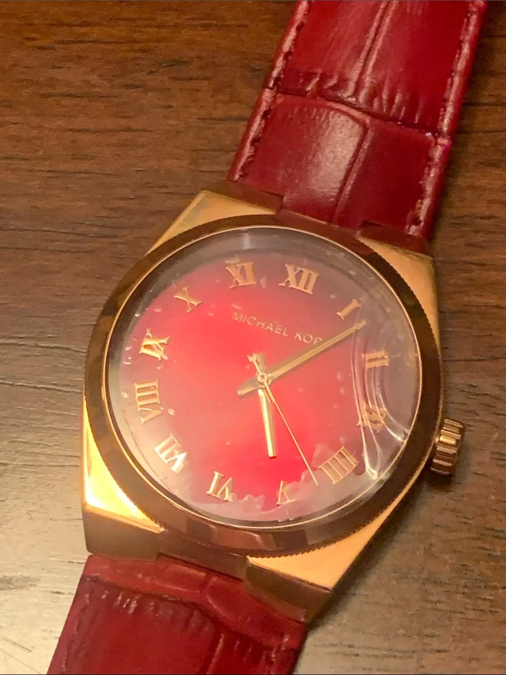 Brand new limited edition red, rose gold plated authentic rare watch/ leather